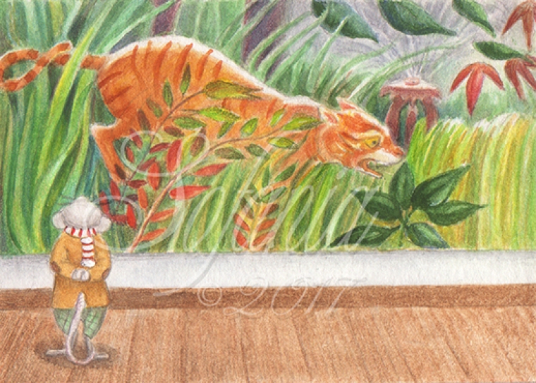 Le petit Henri contemple son grand travail "Le tigre pris dans les gicleurs tropicaux"